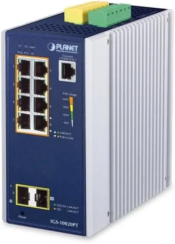 سوئیچ مدیریتی صنعتی 8 پورت 10/100/1000T PoE 802.3at + دو پورت 1G/2.5G SFP مدل IGS-10020PT از Planet Networking & Communication