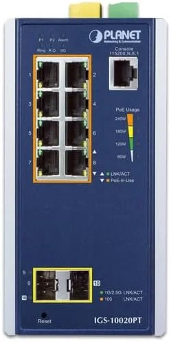 سوئیچ مدیریتی صنعتی 8 پورت 10/100/1000T PoE 802.3at + دو پورت 1G/2.5G SFP مدل IGS-10020PT از Planet Networking & Communication