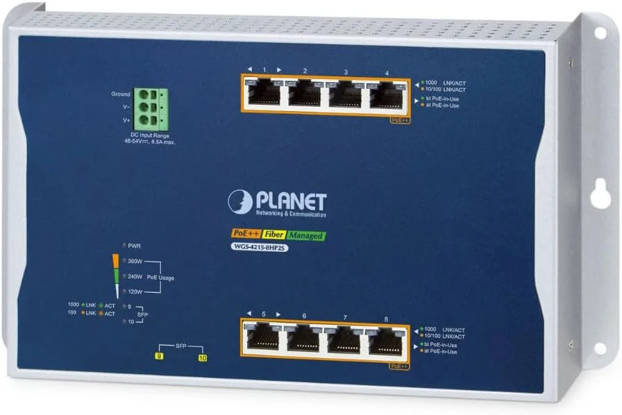 سوئیچ 8 پورت PoE++ پلنت WGS-4215-8HP2S با قابلیت نصب دیواری، مدیریت لایه 2، توان 95 وات در هر پورت، بودجه کلی PoE 360 وات، VLAN، QoS، حلقه ERPS، MQTT، طراحی صنعتی برای محیط های سخت و فشرده