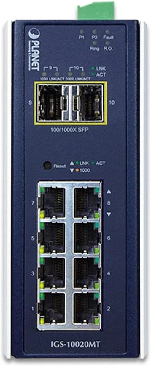 سوئیچ صنعتی 10 پورت گیگابیتی پلنت تکنولوژی مدل IGS-10020MT با استاندارد IP30، دارای 8 پورت 10/100/1000Base-TX + 2 پورت 100/1000FX (SFP) (محدوده دمایی -40 تا 75 درجه سانتیگراد)