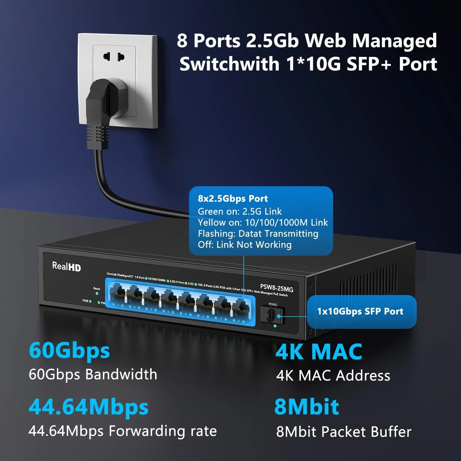 سوئیچ شبکه اترنت PoE با قابلیت مدیریت تحت وب، 8 پورت 2.5G