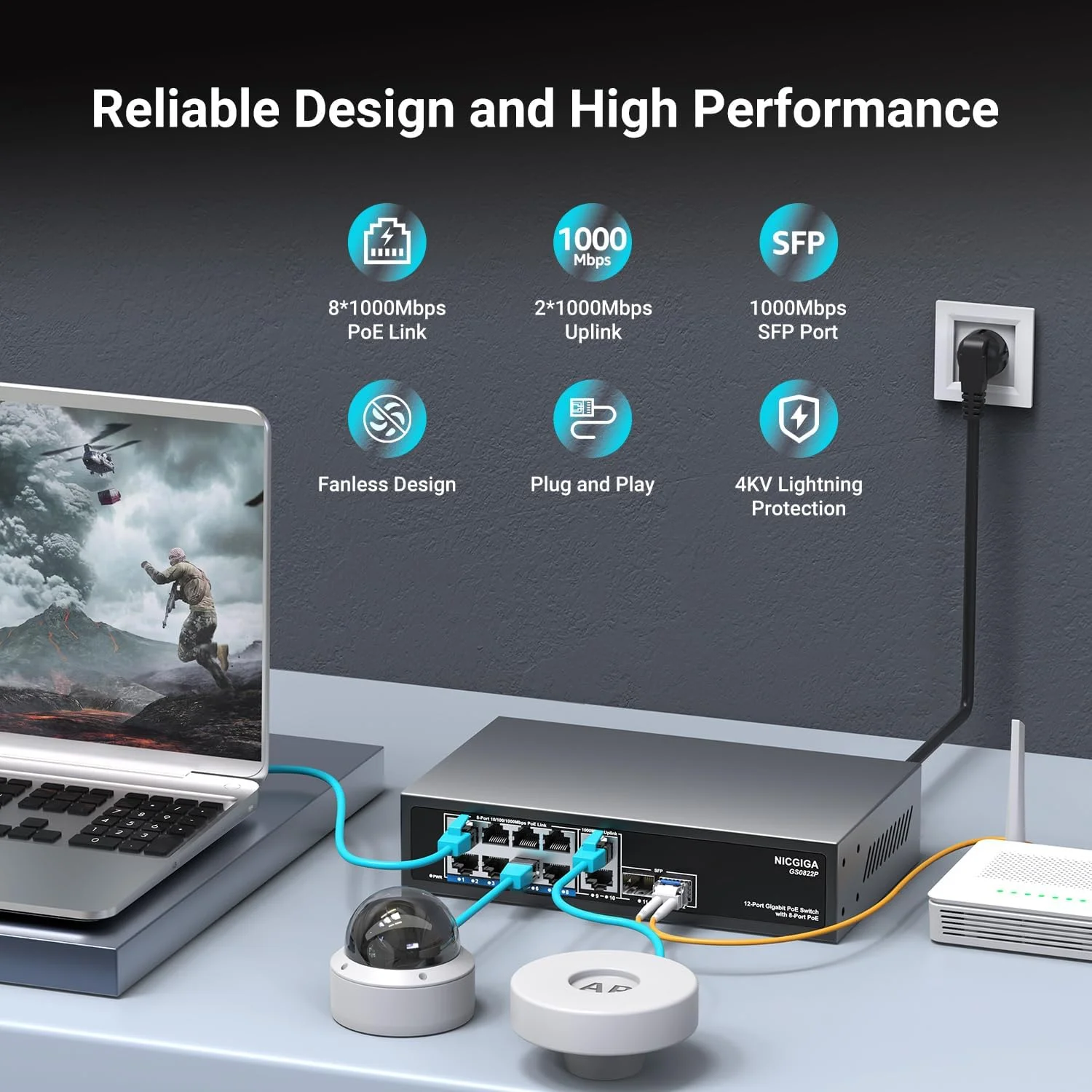 سوئیچ 12 پورت گیگابیتی PoE غیر مدیریتی با 8 پورت IEEE802.3af/at PoE+@120W، 2 آپلینک 1000 مگابیتی + 2 پورت SFP 1G، سوئیچ شبکه 8 پورت NICGIGA Power Over Ethernet، رومیزی/قابل نصب روی دیوار.