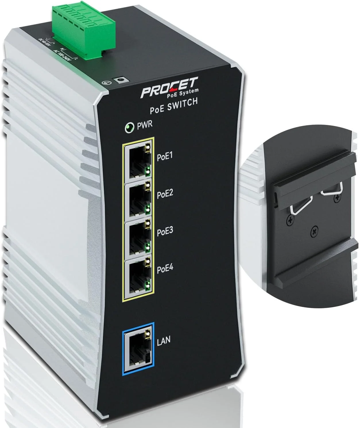 سوئیچ گیگابیتی PoE صنعتی 4 پورت Procet، نصب روی ریل DIN، 90W/پورت، سوئیچ اترنت POE++ صنعتی با دمای گسترده -40°F تا 149°F، ورودی AC/DC، IEEE802.3af/802.3at/802.3bt، PT-PIS4PB1T-AC