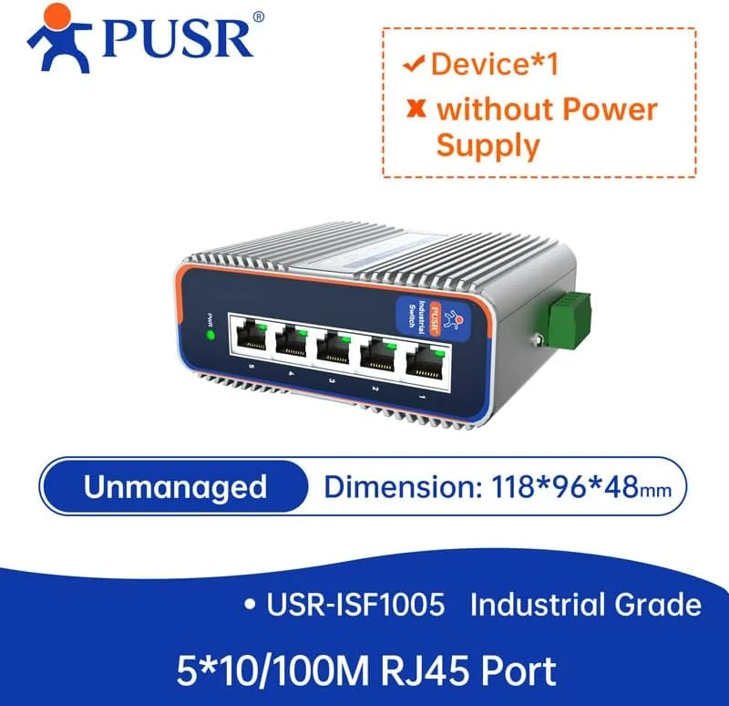 سوئیچ اترنت صنعتی 5 پورت 100M، طراحی Plug & Play، محافظت در برابر روشنایی 6KV، طراحی ضد گرد و غبار، حفاظت IP40، دمای کارکرد -40°C تا 85°C مدل USR-ISF1005