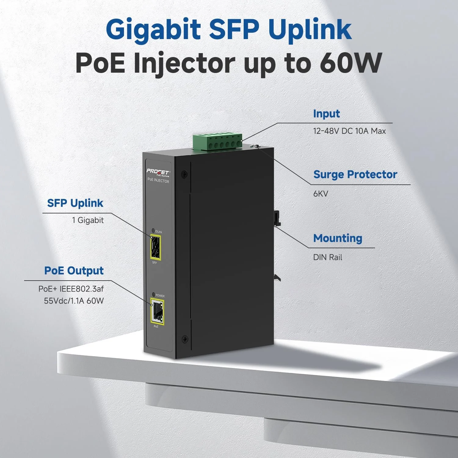 سوئیچ صنعتی DIN Rail PROCET PoE System ++ با ورودی 12~55V DC | مبدل رسانه، آپلینک SFP تا ++ 60W – 802.3at – 802.3af فیبر نوری به دستگاه های تغذیه شده 1000Base-FX به 10/100/1000Base-TX