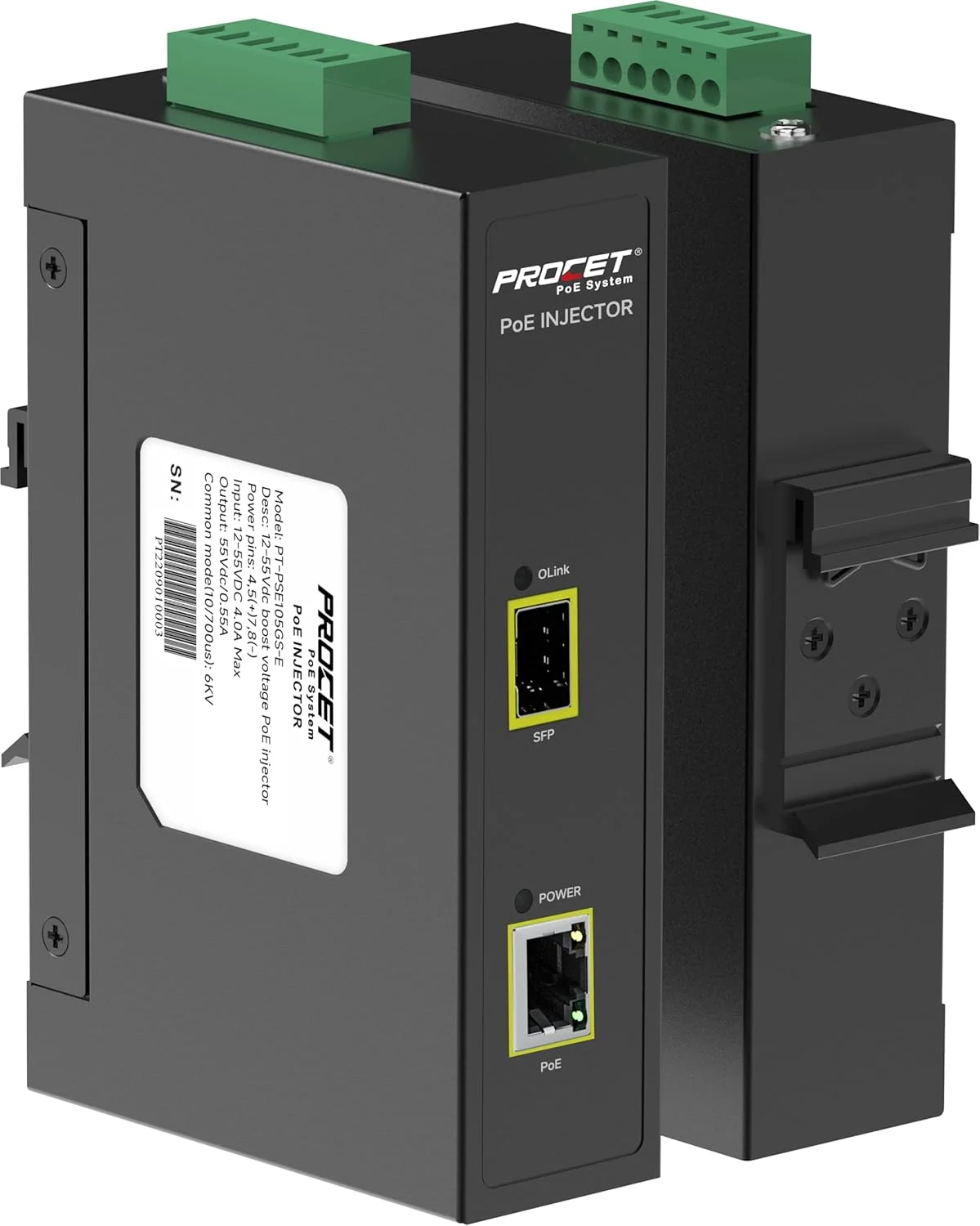 تزریق کننده PoE فیبر SFP سی وات PROCET، تزریق کننده برق PoE+ با اتصال بالادستی SFP، گیگابیتی صنعتی، سازگار با IEEE802.3af/at برای دوربین مداربسته IP، نقطه دسترسی، POS، کیوسک ها، PT-PSE105GS-E