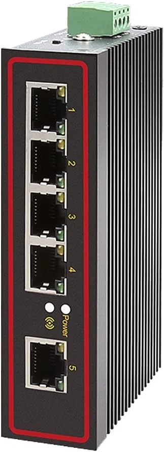 سوئیچ اترنت صنعتی 5 پورت LAN 100M با منبع تغذیه دوگانه DC، مقاوم در برابر دماهای بالا و پایین و محافظت در برابر نوسانات برق