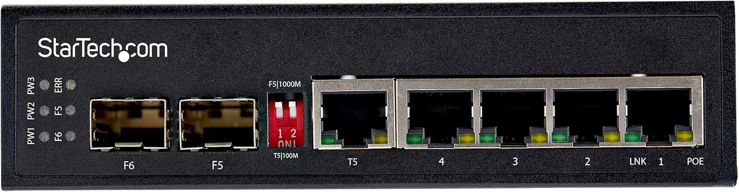 سوئیچ اترنت گیگابیتی صنعتی 6 پورت StarTech.com با 4 پورت PoE RJ45 + 2 اسلات SFP، توان 30 وات PoE+، ولتاژ 48 ولت DC، سوئیچ LAN با قابلیت Power Over Ethernet با دمای کاری -40 تا 75 درجه سانتیگراد با کانکتور/نصب DIN (IES1G52UPDIN)