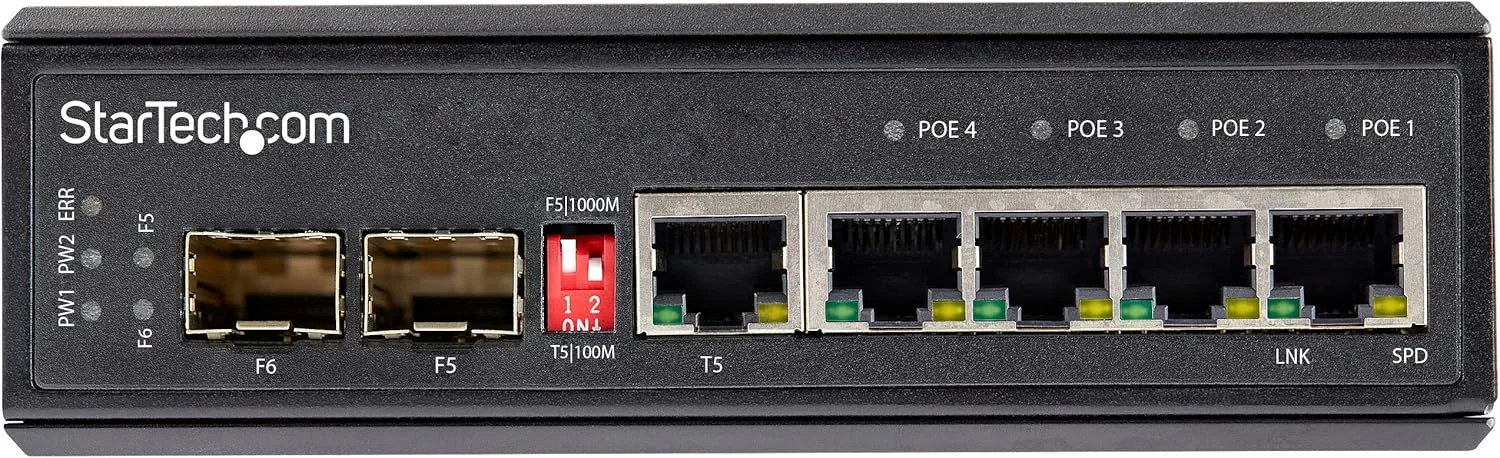 سوئیچ اترنت گیگابیتی صنعتی 6 پورت StarTech.com - 4 پورت PoE RJ45 + 2 اسلات SFP، توان PoE+ 30W، ولتاژ 12-48VDC، سوئیچ LAN صنعتی مقاوم با قابلیت نصب روی ریل DIN، محدوده دمایی -40C تا 75C (IES1G52UP12V)