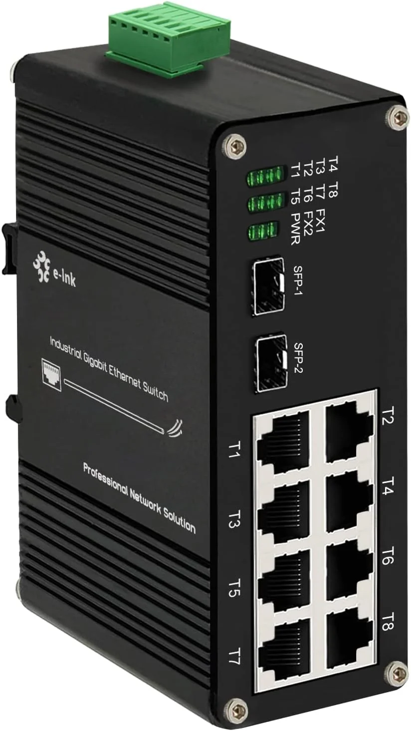 سوئیچ صنعتی 8 پورت گیگابیتی اترنت POE+، 8x RJ45 10/100/1000Mbps، 2x اسلات SFP، نصب روی ریل DIN، بدنه آلومینیومی، سازگار با کامپیوتر صنعتی، PLC، دوربین IP