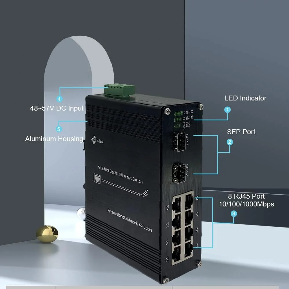سوئیچ صنعتی 8 پورت گیگابیتی اترنت POE+، 8x RJ45 10/100/1000Mbps، 2x اسلات SFP، نصب روی ریل DIN، بدنه آلومینیومی، سازگار با کامپیوتر صنعتی، PLC، دوربین IP