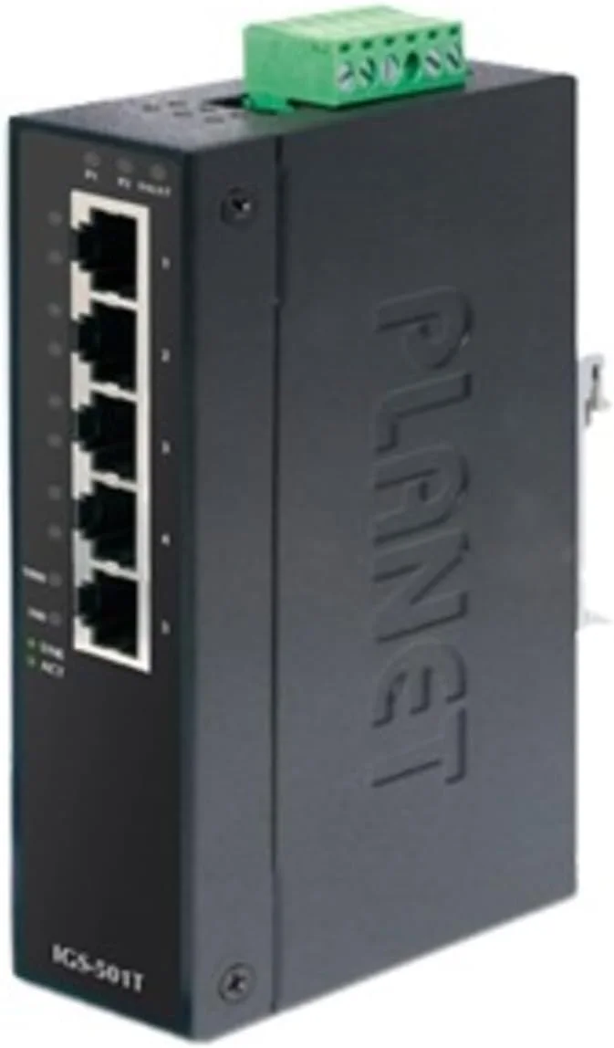 سوئیچ اترنت گیگابیتی صنعتی 5 پورت PLANET TECHNOLOGY IGS-501T IP30 با پورت های 10/100/1000Base-TX (محدوده دمایی 40- تا 75+ درجه سانتیگراد)