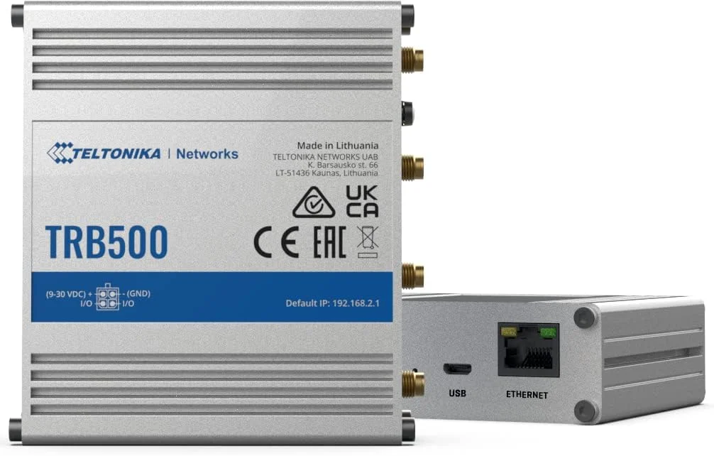 دروازه صنعتی 5G تلتونیکا مدل TRB500000300 TRB500، سرعت تا 1 گیگابیت بر ثانیه، APN خودکار، 2 ورودی/خروجی قابل تنظیم، بدنه آلومینیومی، منبع تغذیه ایالات متحده برای آمریکای جنوبی؛ برای استفاده در ایالات متحده آمریکا نیست