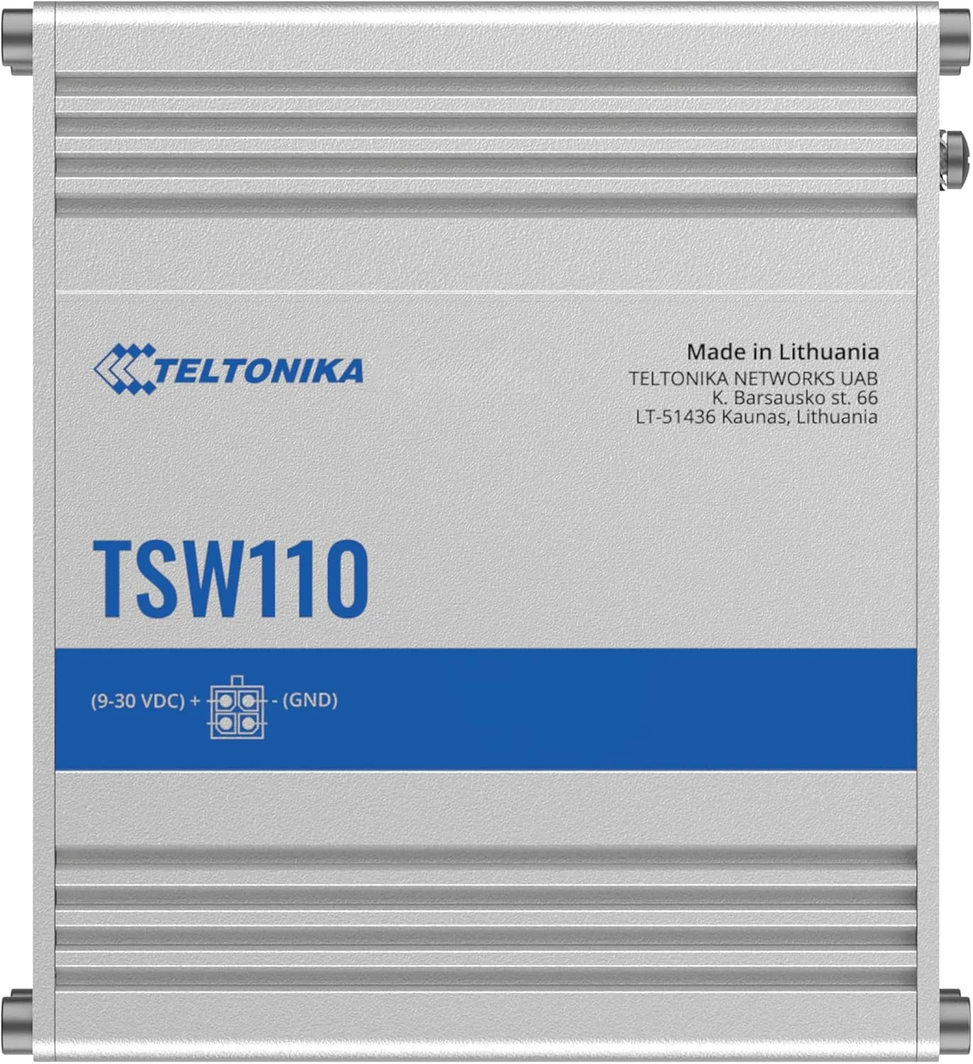 سوئیچ غیر مدیریتی صنعتی لایه 2 Teltonika TSW110000010 - TSW110، دارای پورت های اترنت 10/100/1000 مگابیت بر ثانیه، بدنه آلومینیومی، پهنای باند 10 گیگابیت بر ثانیه - همراه با کابل برق DC