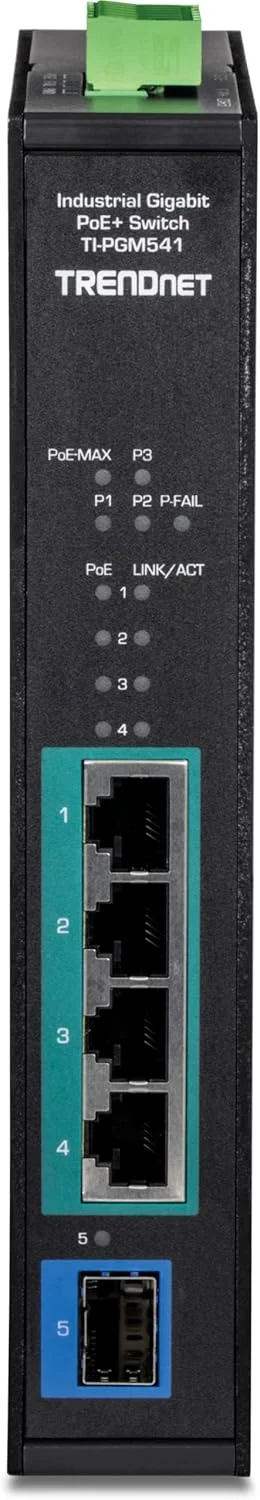 سوئیچ صنعتی 5 پورت گیگابیتی PoE+ ترندنت، محدوده دمایی گسترده -20 تا 65 درجه سانتیگراد، سوئیچ ریلی DIN، 55-50 ولت DC، دارای 4 پورت گیگابیتی PoE+، 1 اسلات گیگابیتی SFP، مدل TI-PGM541، مشکی