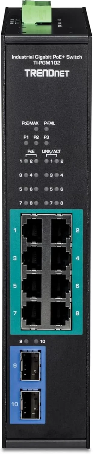 سوئیچ صنعتی 10 پورت گیگابیتی PoE+ ترندنت، محدوده دمای گسترده -20° تا 65°C، سوئیچ ریل DIN، 50-55V DC، 8 پورت گیگابیتی PoE+، 2 اسلات گیگابیتی SFP، TI-PGM102، مشکی