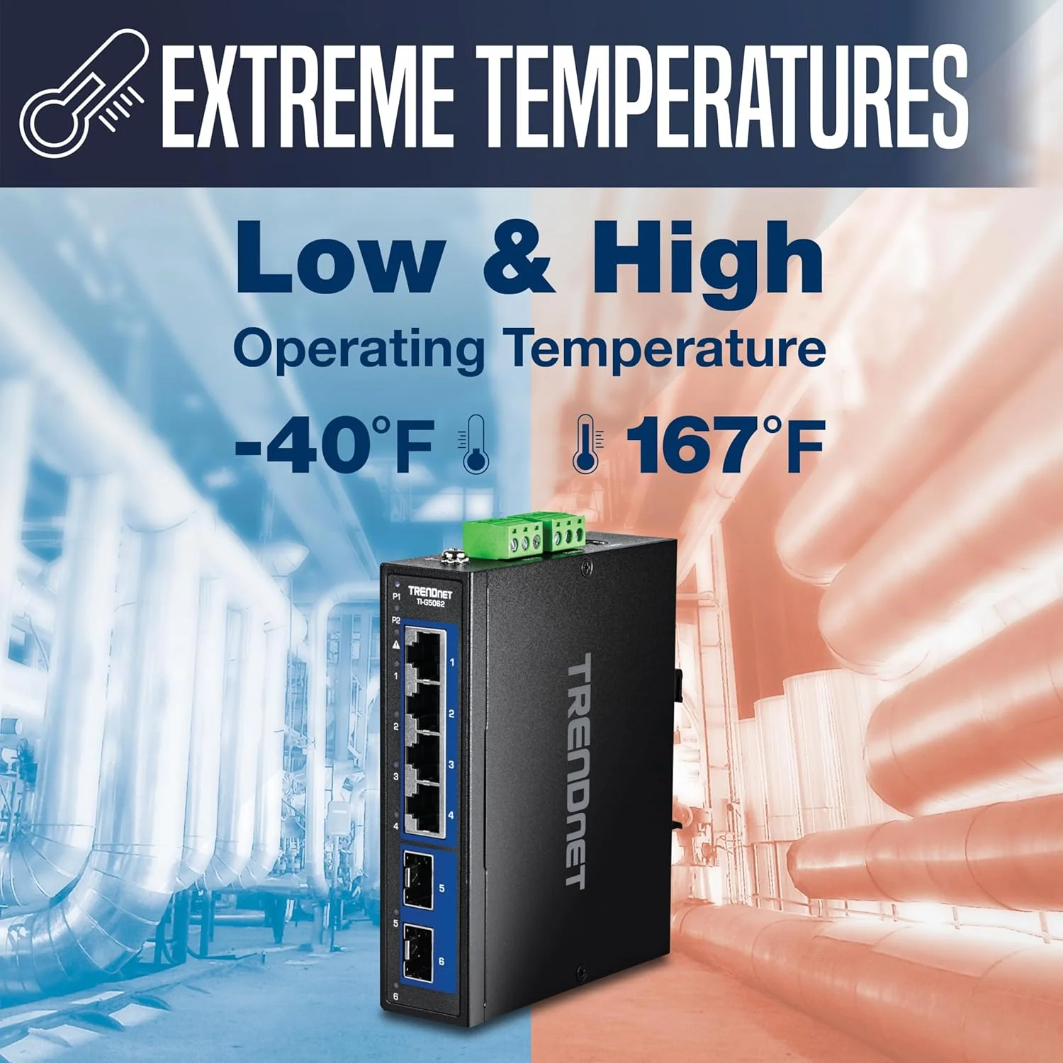 سوئیچ صنعتی 6 پورت 2.5G/10G چند گیگی TRENDnet، با قابلیت نصب روی ریل DIN، دارای 4 پورت 2.5G RJ45، 2 پورت 10G SFP+، پهنای باند 60Gbps، بدنه فلزی، -40°C تا 75°C (فقط ایالات متحده و کانادا)