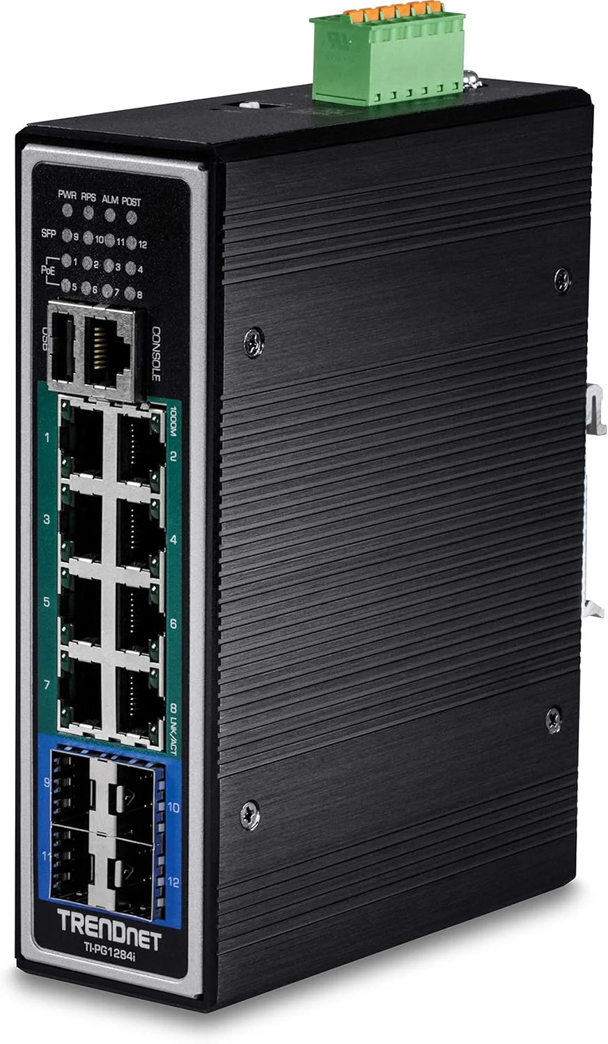 سوئیچ صنعتی 12 پورت گیگابیتی PoE+ لایه 2+ مدیریت شده DIN-Rail ترندنت، بودجه توان 240 وات، سوئیچ اترنت گیگابیتی PoE+ صنعتی IP30، مشکی، TI-PG1284i