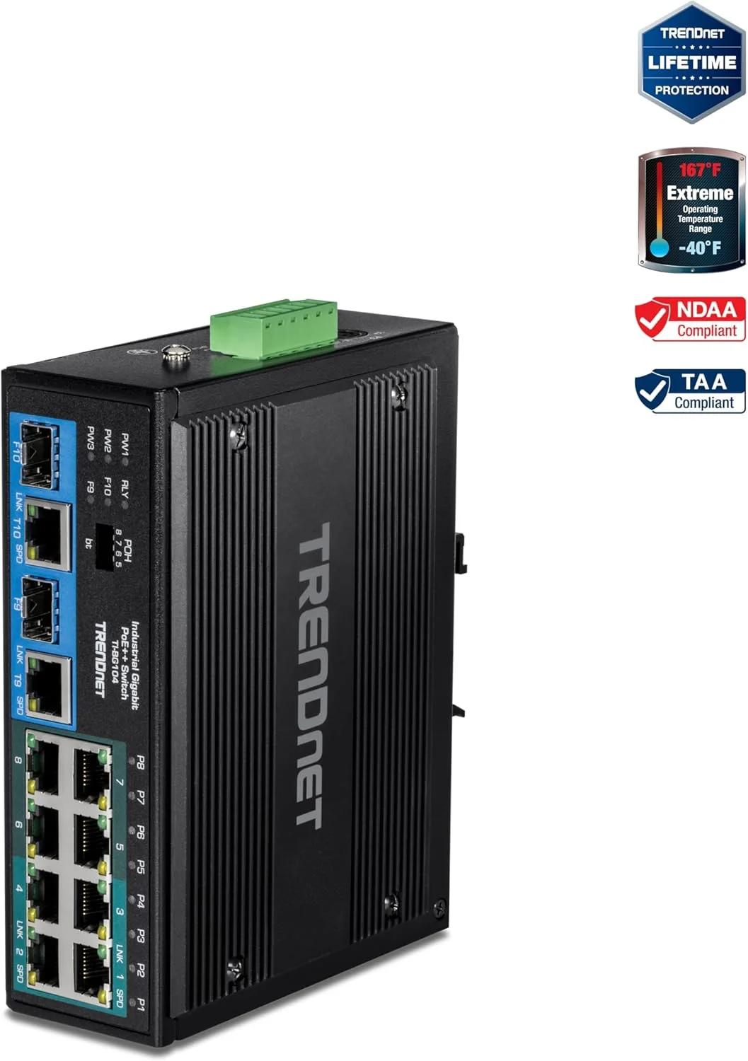 سوئیچ ریلی DIN صنعتی غیر مدیریتی 10 پورت گیگابیتی PoE++ ترندنت، 4 پورت گیگابیتی PoE++، 4 پورت گیگابیتی PoE+، 2 پورت اشتراکی گیگابیتی SFP یا RJ-45، بودجه توان 360 وات، مشکی، TI-BG104