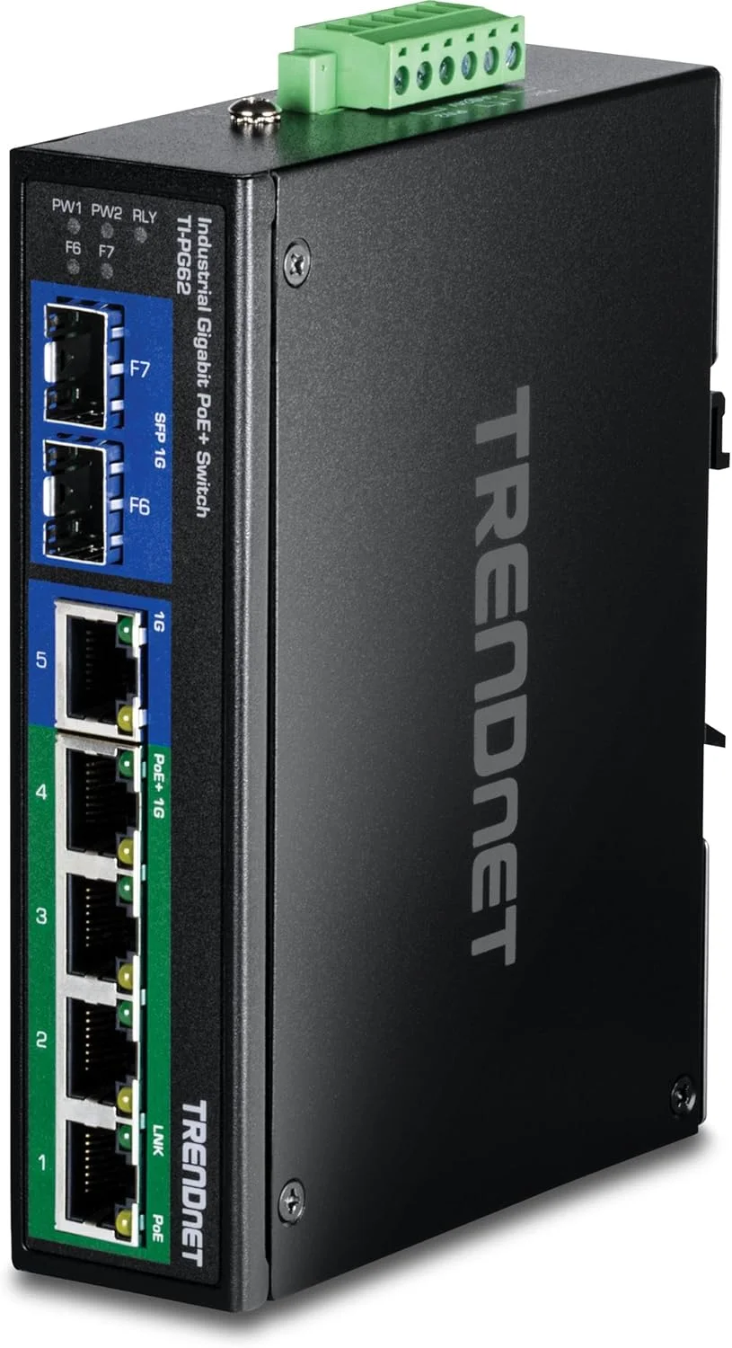 سوئیچ صنعتی سخت‌کاری شده 6 پورت گیگابیتی PoE+ ترندنت، 4 پورت گیگابیتی PoE+، پورت گیگابیتی مشترک (RJ-45/SFP)، SFP اختصاصی، بودجه توان 120 وات، IP30، مشکی، TI-PG62