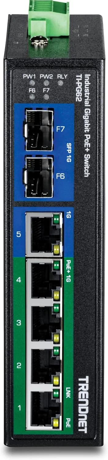 سوئیچ صنعتی سخت‌کاری شده 6 پورت گیگابیتی PoE+ ترندنت، 4 پورت گیگابیتی PoE+، پورت گیگابیتی مشترک (RJ-45/SFP)، SFP اختصاصی، بودجه توان 120 وات، IP30، مشکی، TI-PG62