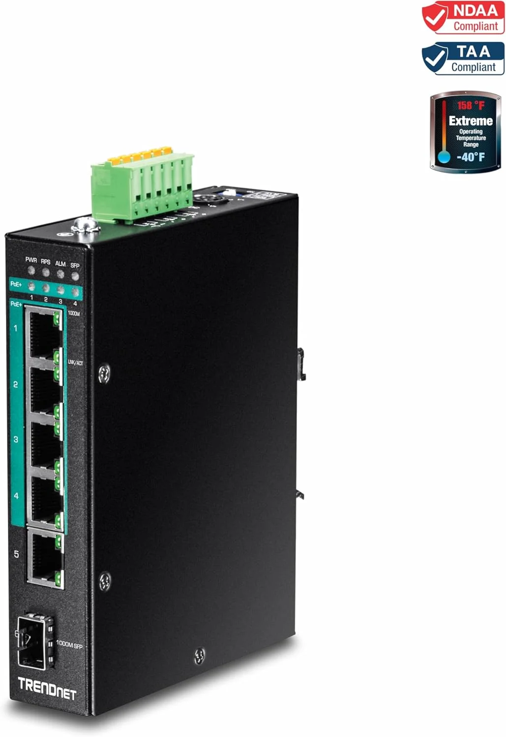 سوئیچ صنعتی 6 پورت گیگابیتی PoE+ لایه 2 مدیریت شده DIN-Rail ترندنت، دارای استاندارد IP30، با بودجه توان 120 وات، مدل TI-PG541i