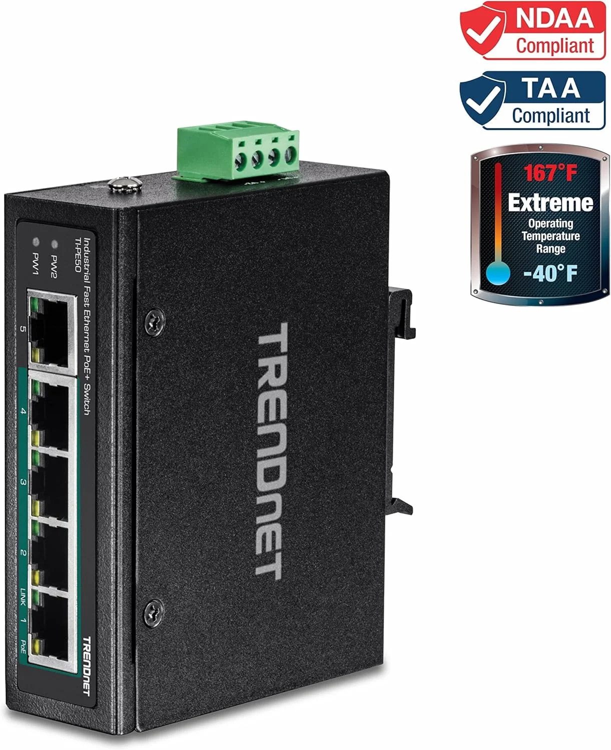 سوئیچ صنعتی 5 پورت فست اترنت TRENDnet با قابلیت نصب روی ریل DIN، دارای 4 پورت فست اترنت PoE+، 1 پورت فست اترنت، توان PoE 90W، ریل DIN، دارای استاندارد IP30، مشکی، TI-PE50