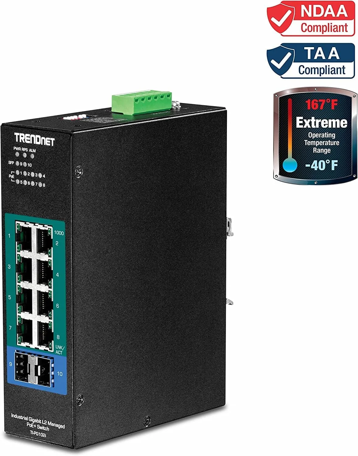 سوئیچ ریلی DIN مدیریت شده لایه 2 گیگابیتی صنعتی 10 پورت TRENDnet با PoE+، دارای 8 پورت گیگابیتی PoE+، نصب ریلی DIN، 2 اسلات SFP، ورودی برق 24-57 ولت DC، IP30، VLAN، مشکی، TI-PG102i