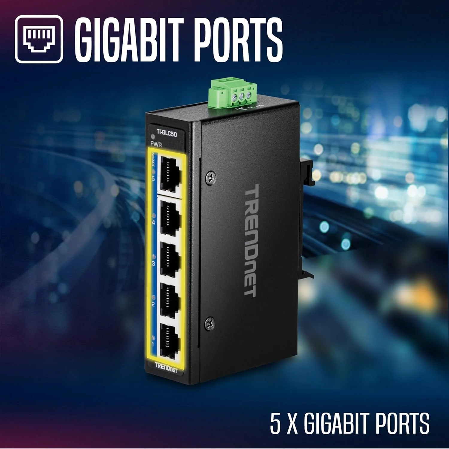 سوئیچ مینی ریلی DIN گیگابیتی صنعتی 5 پورت TRENDnet مدل TI-GLC50، دارای 5 پورت گیگابیتی، دارای استاندارد IP30 و مقاوم در برابر دمای شدید، ظرفیت سوئیچ 10 گیگابیت بر ثانیه، مشکی