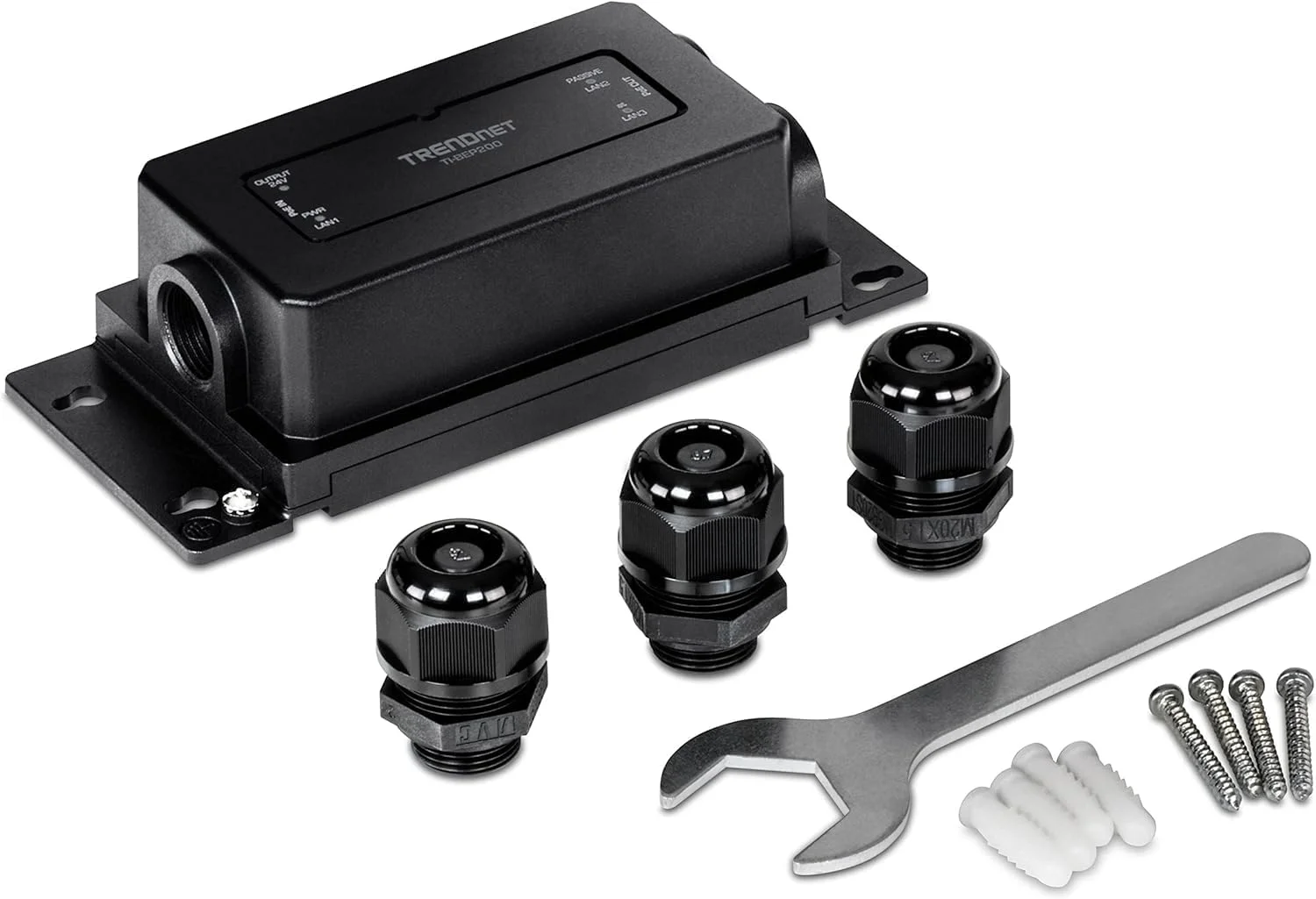 اکستندر PoE گیگابیتی صنعتی دو پورت TRENDnet مناسب فضای باز، محفظه مقاوم با استاندارد IP67 و تحمل دمای بسیار بالا، گسترش 100 متری برای مسافت کلی تا 200 متر (656 فوت) برای حداکثر 2 دستگاه، مشکی، TI-BEP200