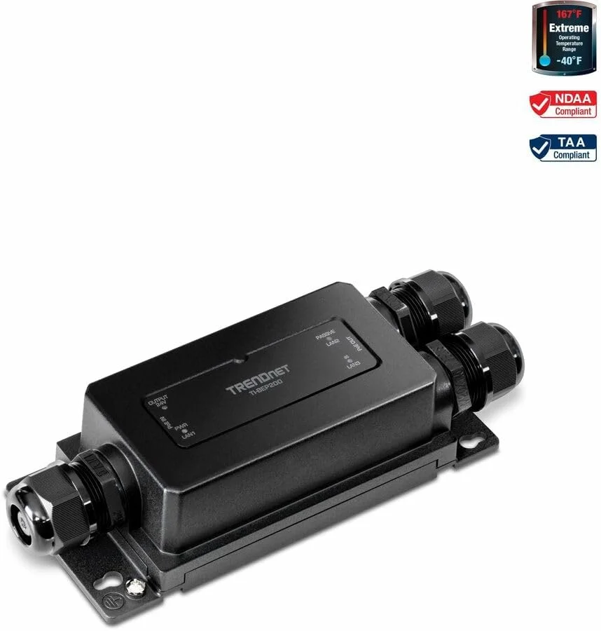 اکستندر PoE گیگابیتی صنعتی دو پورت TRENDnet مناسب فضای باز، محفظه مقاوم با استاندارد IP67 و تحمل دمای بسیار بالا، گسترش 100 متری برای مسافت کلی تا 200 متر (656 فوت) برای حداکثر 2 دستگاه، مشکی، TI-BEP200