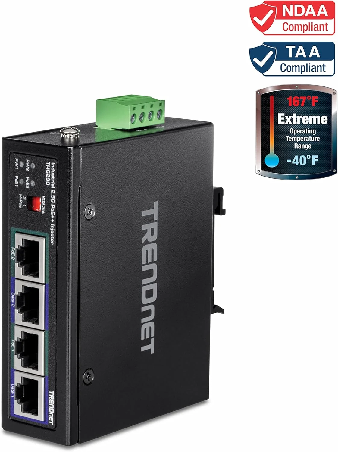 تزریق کننده صنعتی 2.5G PoE++ دو پورت 95W ترندنت، پشتیبانی از PoE IEEE 802.3af، PoE+ IEEE 802.3at و PoE++ IEEE 802.3bt، مشکی، TI-IG290