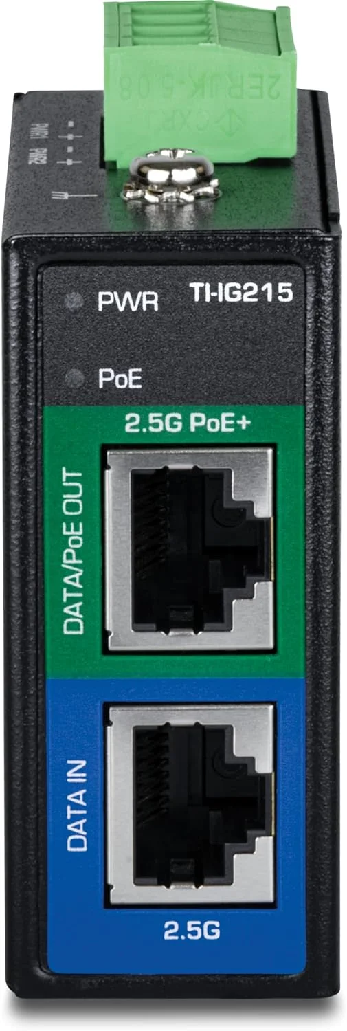 تزریق کننده صنعتی 2.5G PoE+ ترندنت، مدل TI-IG215، دارای 1 پورت 2.5 گیگابیتی PoE+ (انتقال داده + خروجی PoE) و 1 پورت 2.5 گیگابیتی (ورودی داده)، پشتیبانی از PoE (15.4W) و PoE+ (30W)، سازگار با NDAA و TAA