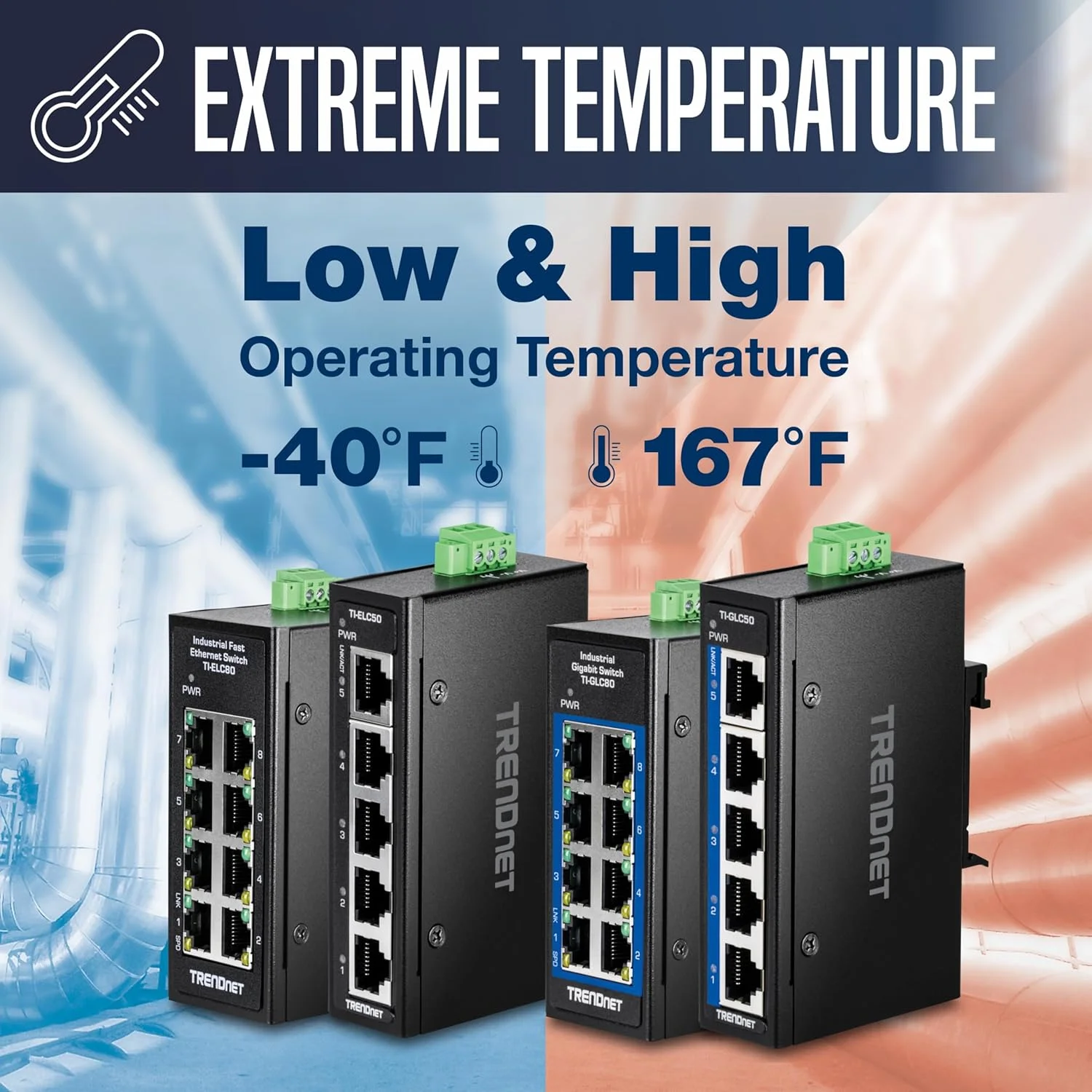 سوئیچ مینی ریلی DIN اترنت سریع صنعتی 5 پورت TRENDnet مدل TI-ELC50، دارای 5 پورت 10/100 مگابیت بر ثانیه، محفظه با استاندارد IP30، ظرفیت سوئیچینگ 1 گیگابیت بر ثانیه، مشکی