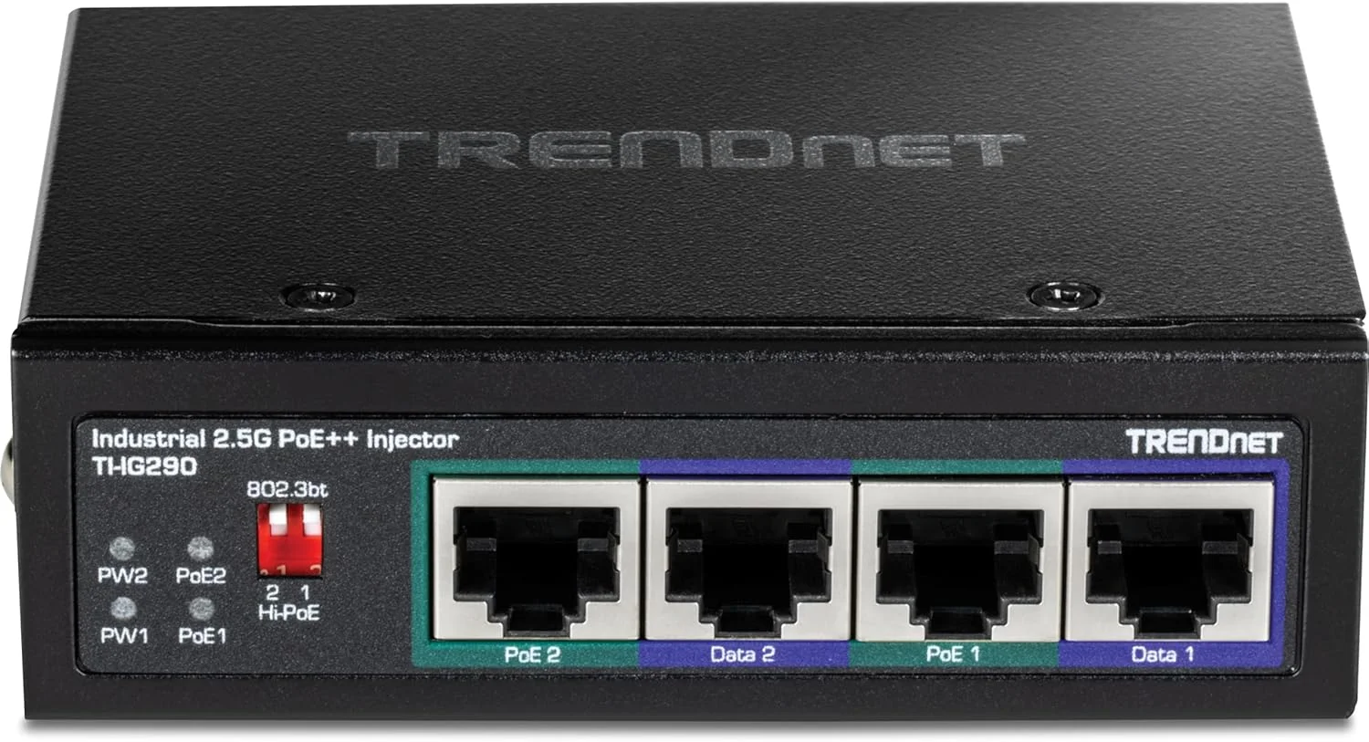 تزریق کننده صنعتی 2.5G PoE++ دو پورت 95W ترندنت، پشتیبانی از PoE IEEE 802.3af، PoE+ IEEE 802.3at و PoE++ IEEE 802.3bt، مشکی، TI-IG290