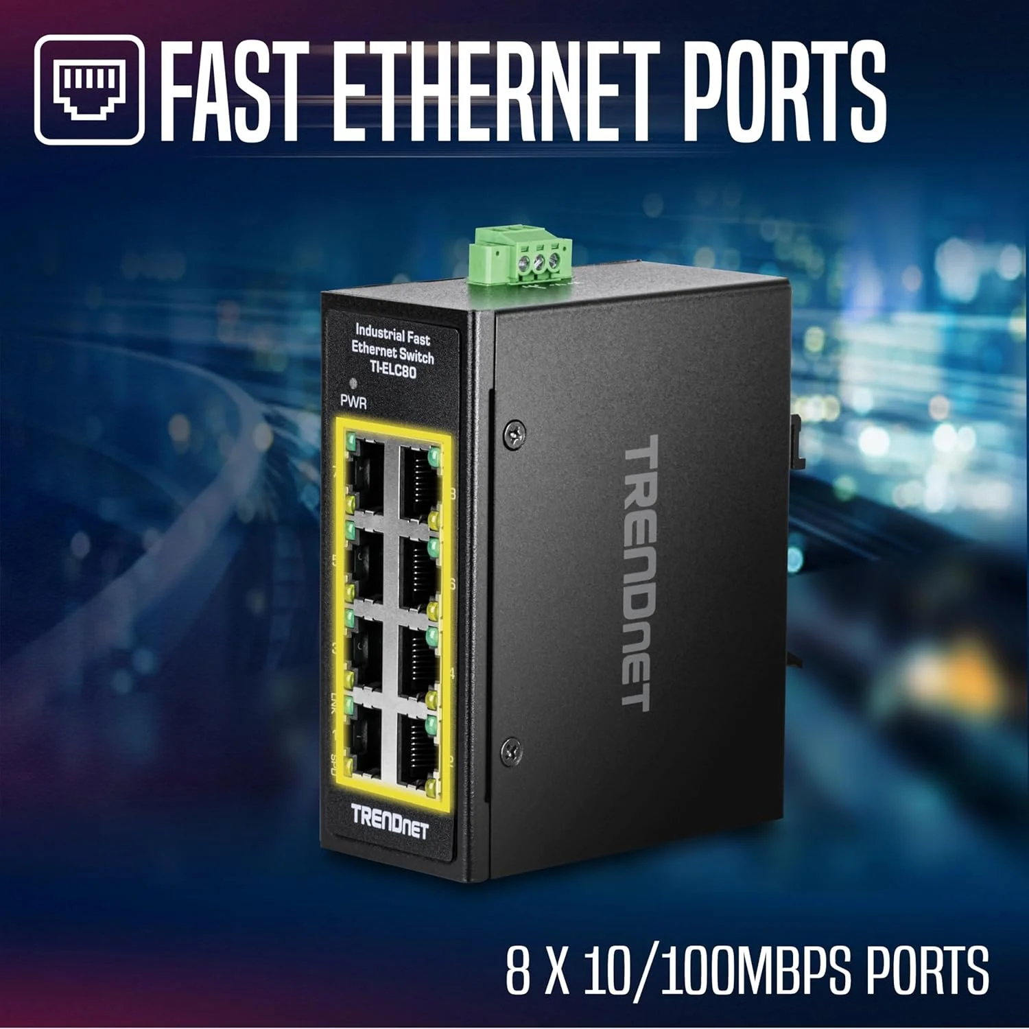 سوئیچ مینی ریلی DIN اترنت سریع صنعتی 8 پورت TRENDnet مدل TI-ELC80، دارای 8 پورت 10/100 مگابیت بر ثانیه، محفظه با استاندارد IP30، ظرفیت سوئیچینگ 1 گیگابیت بر ثانیه، رنگ مشکی
