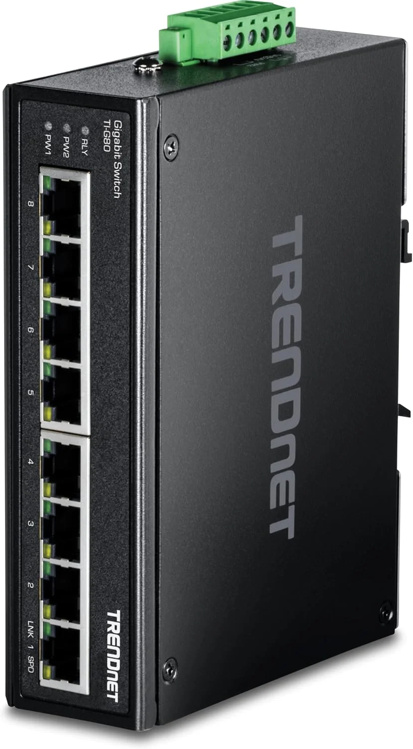 سوئیچ صنعتی 8 پورت گیگابیتی DIN-Rail ترندنت، ظرفیت سوئیچینگ 16 گیگابیت بر ثانیه، محفظه فلزی با استاندارد IP30 (40- تا 167 درجه فارنهایت)، شامل DIN-Rail و پایه های دیواری، مشکی، TI-G80