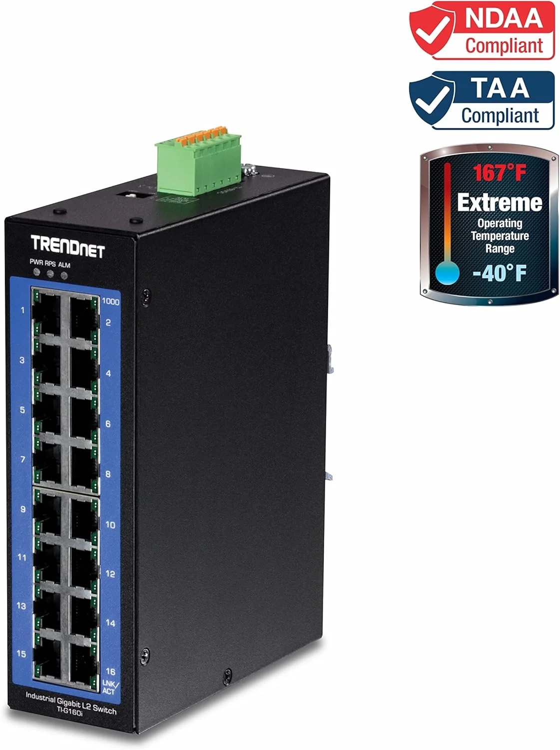 سوئیچ صنعتی 16 پورت گیگابیتی L2 مدیریت شده DIN-Rail ترندنت، سوئیچ لایه 2، 16 پورت گیگابیتی، ظرفیت سوئیچینگ 32 گیگابیت بر ثانیه، سوئیچ گیگابیتی با دمای شدید، مشکی، TI-G160i