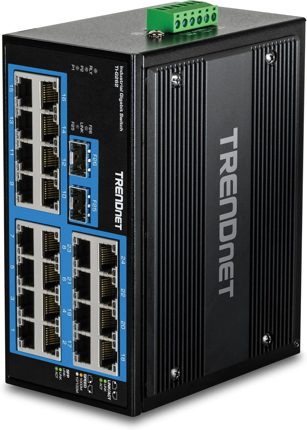 سوئیچ صنعتی 26 پورت گیگابیتی DIN-Rail ترندنت مدل TI-G262، دارای 24 پورت گیگابیتی، 2 پورت گیگابیتی SFP، ظرفیت سوئیچینگ 52 گیگابیت بر ثانیه، بدنه مشکی