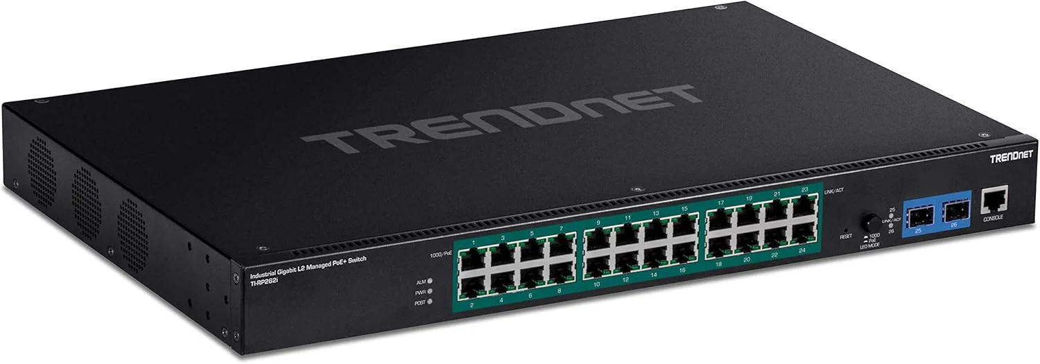 سوئیچ صنعتی 26 پورت گیگابیتی لایه 2 مدیریتی PoE+ ترندنت، مدل TI-RP262i، قابل نصب در رک 1U 19 اینچی، دارای 24 پورت گیگابیتی PoE+، 2 اسلات SFP (100/1000Base-FX)، IP30، VLAN، QoS، توان PoE 685W، بدون فن
