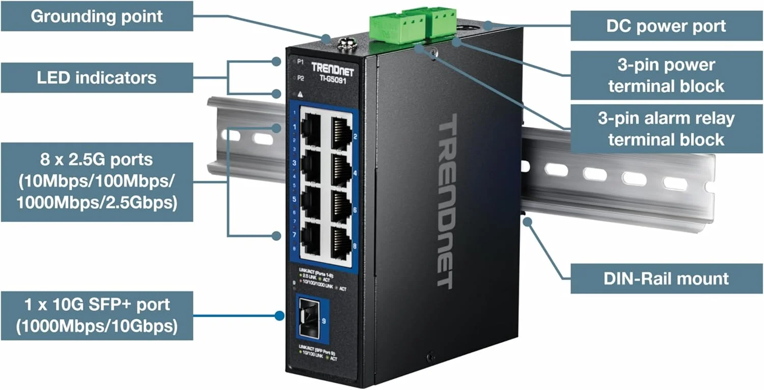 سوئیچ صنعتی 9 پورت 2.5G ترندنت با پورت 10G SFP+، مدل TI-G5091، دارای 8 پورت 2.5G، 1 پورت 10G SFP+، پهنای باند 60Gbos، سازگار با NDAA TAA سوئیچ صنعتی 9 پورت 2.5G ترندنت با پورت 10G SFP+، مدل TI-G5091، دارای 8 پورت 2.5G، 1 پورت 10G SFP+، پهنای باند 60Gbos، سازگار با NDAA TAA