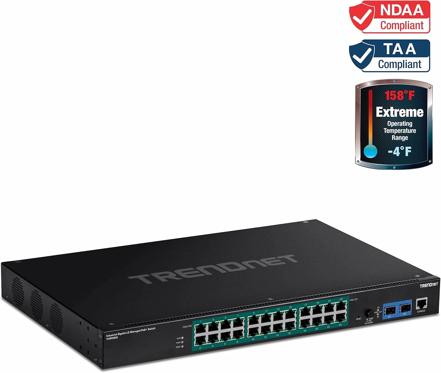 سوئیچ صنعتی 26 پورت گیگابیتی لایه 2 مدیریتی PoE+ ترندنت، مدل TI-RP262i، قابل نصب در رک 1U 19 اینچی، دارای 24 پورت گیگابیتی PoE+، 2 اسلات SFP (100/1000Base-FX)، IP30، VLAN، QoS، توان PoE 685W، بدون فن سوئیچ صنعتی 26 پورت گیگابیتی لایه 2 مدیریتی PoE+ ترندنت، مدل TI-RP262i، قابل نصب در رک 1U 19 اینچی، دارای 24 پورت گیگابیتی PoE+، 2 اسلات SFP (100/1000Base-FX)، IP30، VLAN، QoS، توان PoE 685W، بدون فن