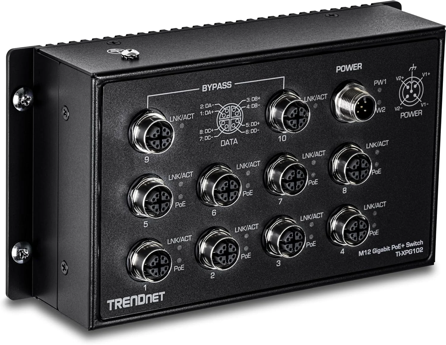 سوئیچ ریلی گیگابیتی PoE+ صنعتی 10 پورت TRENDnet مدل TI-XPG102 با استاندارد EN 50155 و کانکتور M12، دارای استاندارد IP40 برای محیط های سخت، سازگار با NDAA + TAA، رنگ مشکی