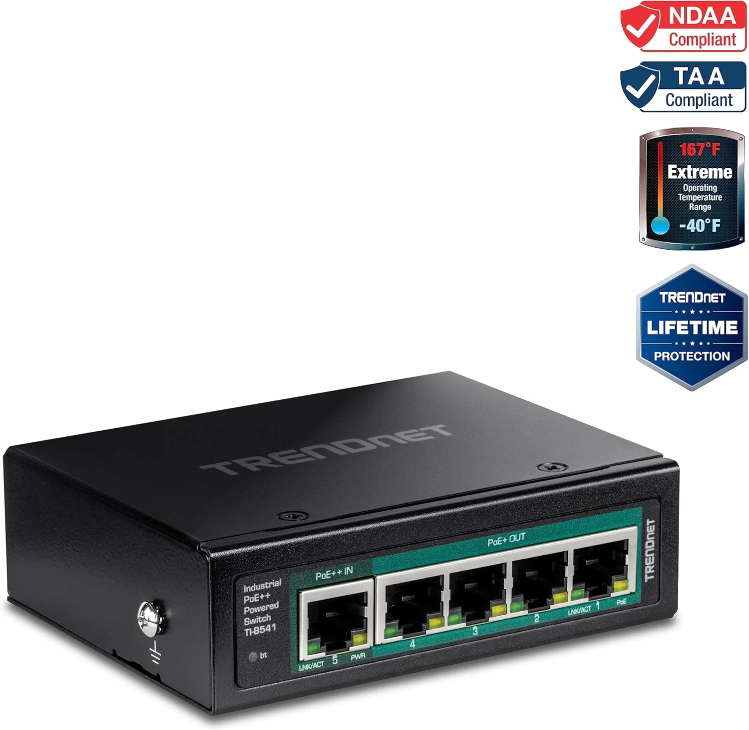 سوئیچ صنعتی 5 پورت گیگابیتی DIN-Rail با تغذیه PoE++ و قابلیت PoE Pass-Through مدل TI-B541 ترندنت، مشکی