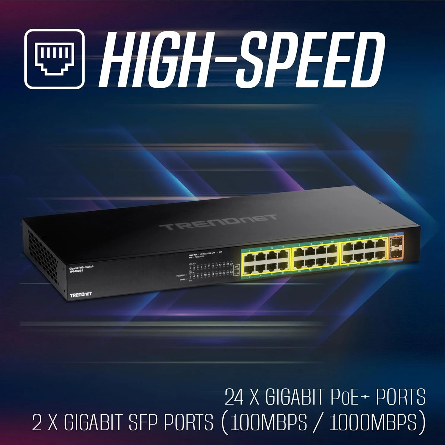 سوئیچ 26 پورت گیگابیتی PoE+ ترندنت، 24 پورت PoE+ 30W، 2 اسلات گیگابیت SFP، بودجه PoE 380W، ظرفیت سوئیچینگ 52Gbps، قابل نصب در رک 1U 19 اینچی، مشکی، TPE-TG262 سوئیچ 26 پورت گیگابیتی PoE+ ترندنت، 24 پورت PoE+ 30W، 2 اسلات گیگابیت SFP، بودجه PoE 380W، ظرفیت سوئیچینگ 52Gbps، قابل نصب در رک 1U 19 اینچی، مشکی، TPE-TG262