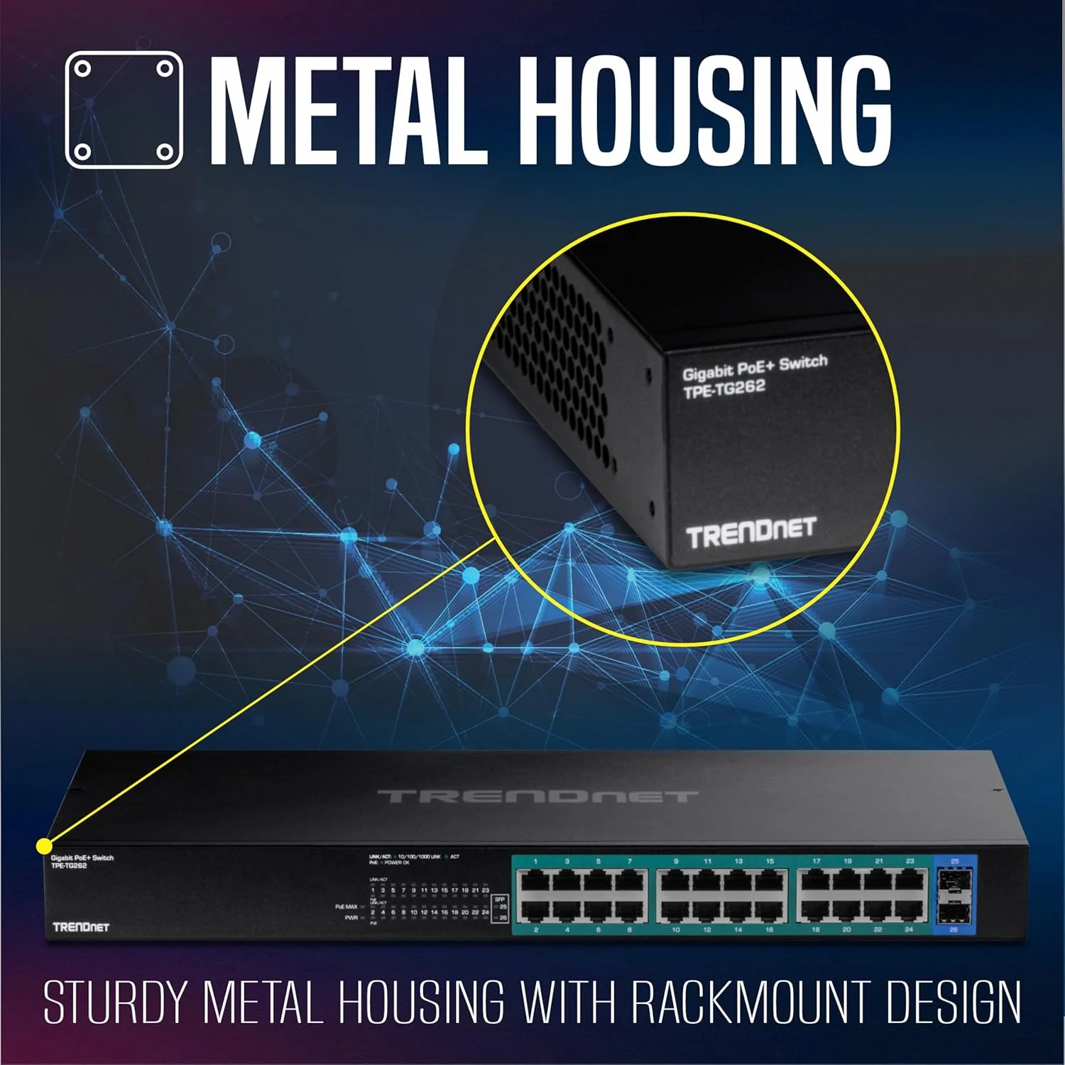 سوئیچ 26 پورت گیگابیتی PoE+ ترندنت، 24 پورت PoE+ 30W، 2 اسلات گیگابیت SFP، بودجه PoE 380W، ظرفیت سوئیچینگ 52Gbps، قابل نصب در رک 1U 19 اینچی، مشکی، TPE-TG262 سوئیچ 26 پورت گیگابیتی PoE+ ترندنت، 24 پورت PoE+ 30W، 2 اسلات گیگابیت SFP، بودجه PoE 380W، ظرفیت سوئیچینگ 52Gbps، قابل نصب در رک 1U 19 اینچی، مشکی، TPE-TG262