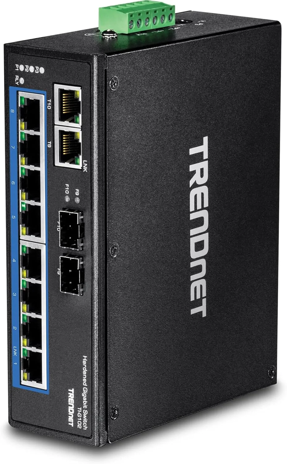 سوئیچ ریلی DIN صنعتی 10 پورت گیگابیتی TRENDnet مدل TI-G102، شامل ریل DIN و براکت دیواری، دوگانه افزونه، RJ-45/SFP