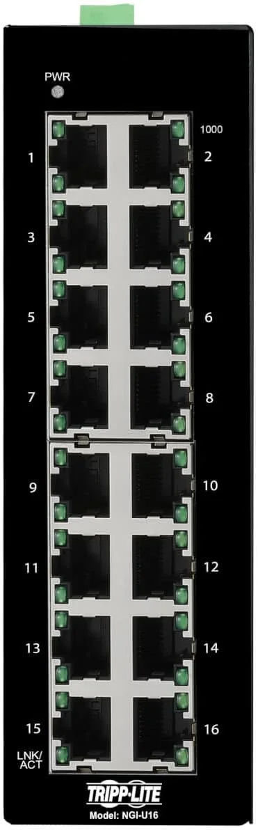 سوئیچ شبکه 16 پورت اترنت صنعتی Tripp Lite با سرعت 10/100/1000 مگابیت بر ثانیه، دمای کارکرد -40 تا 167 درجه فارنهایت، غیر مدیریتی، نصب DIN (NGI-U16)