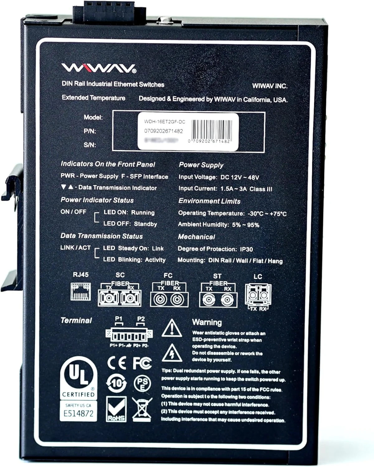 سوئیچ اترنت صنعتی غیر مدیریتی 18 پورت 10/100 مگابیت بر ثانیه WIWAV WDH-16ET2GF-DC با نصب ریلی DIN / دیواری (بدون فن، -30℃~75℃) سوئیچ اترنت صنعتی غیر مدیریتی 18 پورت 10/100 مگابیت بر ثانیه WIWAV WDH-16ET2GF-DC با نصب ریلی DIN / دیواری (بدون فن، -30℃~75℃)