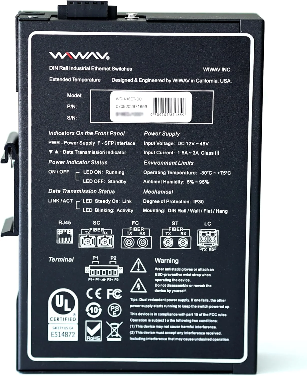 سوییچ اترنت صنعتی غیر مدیریتی 16 پورت 10/100 مگابیت بر ثانیه WIWAV WDH-16ET-DC با نصب ریلی DIN/دیواری (بدون فن، -30 تا 75 درجه سانتیگراد)